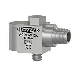 A render of a compact size, side exit M12 machine condition monitoring sensor engraved with the CTC line logo, part number, serial number, and CE logo